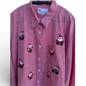 Mili Designs Red Christmas Gingham Santa Embellished Button Up Shirt Sz 1X